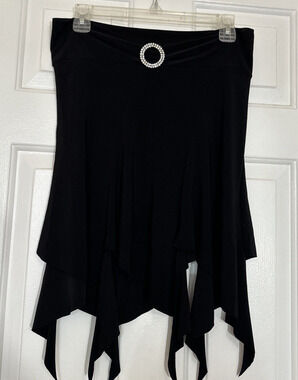 VTG UNYX Black Skirt Rhinestone Clip Stretchy Witchy jagged hem Whimsigoth 28"